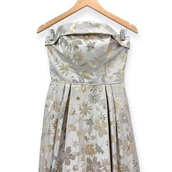 Mac Duggal NEW White Gold Brocade Strapless Golden Floral High Low Gown - Size 4 - Picture 5 of 15
